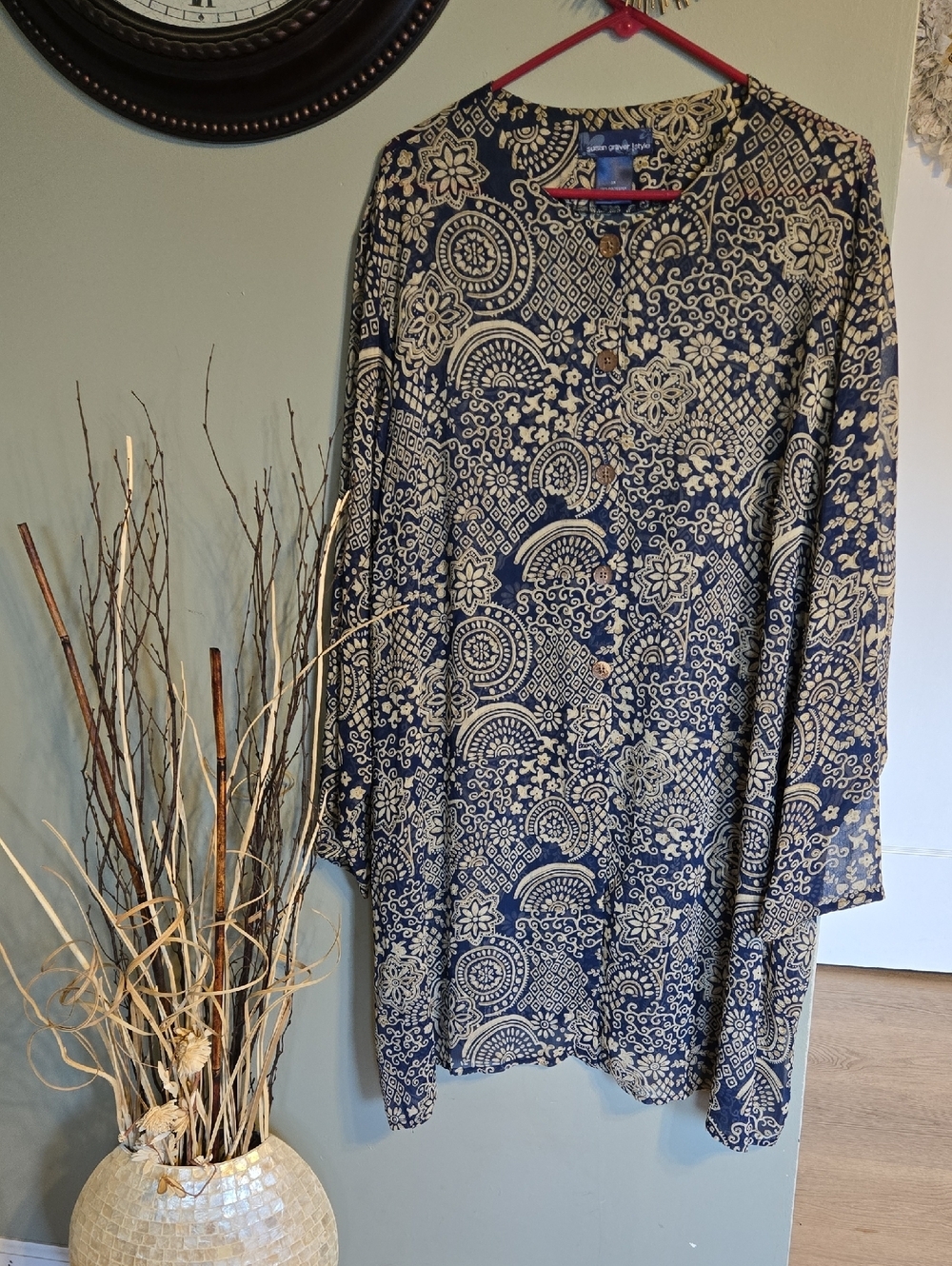 Susan Graver Button Front Geometric Paisley Print Duster Top Sz 3x
